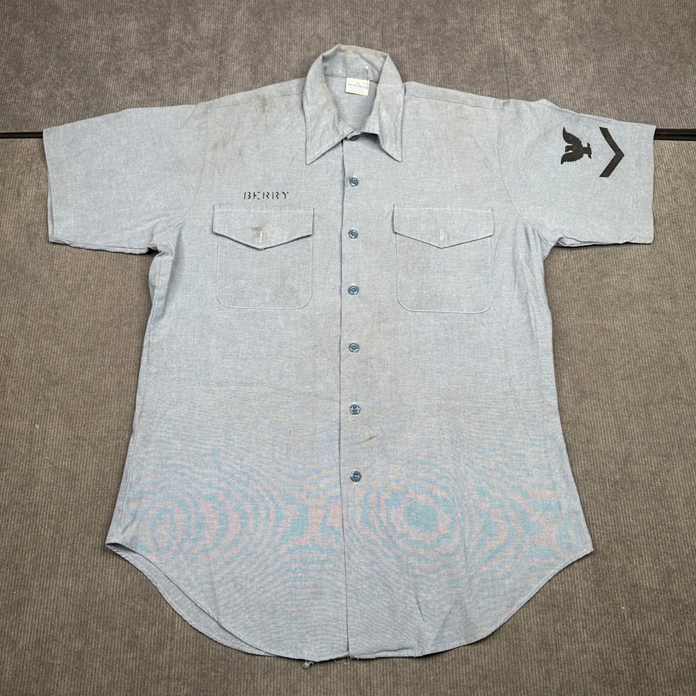Vintage Seafarer US Navy Utility Shirt Blue Short Sleeve Stenciled Berry Mens M